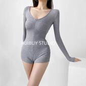 欧美范性感辣妹大V领拉链长袖 女早秋新款 修身 连体衣运动连体短裤