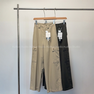 会buy实拍 高腰宽松大口袋阔腿裤 半松紧轻工装 直筒休闲裤 春 风