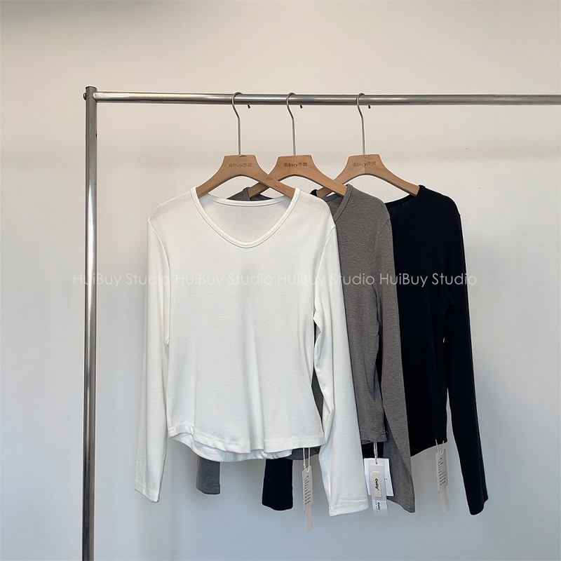 手感好！弹力大~2025新款U领纯色修身显瘦长袖T恤打底衫春上衣女