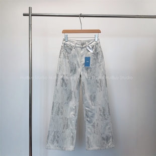 高腰显瘦阔腿裤 复古摩登纹路印花直筒无弹牛仔裤 春 会buy实拍