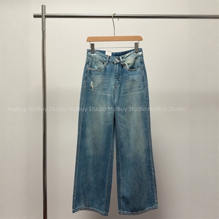 春 时髦有腔调手工擦色抹料泼墨磨破阔腿牛仔直筒裤 会buy实拍