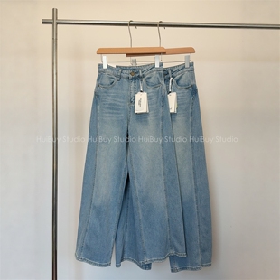 云柔棉猫须提臀阔腿裤 会buy实拍 千禧蜜桃牛仔 浅色牛仔裤 春季