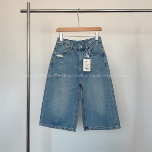 时髦破洞七分阔腿裤 凉感莱赛尔小个子宽松牛仔中裤 会buy实拍