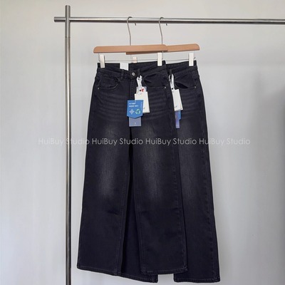 【会buy实拍】加绒四面弹高腰窄版直筒裤显瘦黑灰牛仔裤女秋长裤