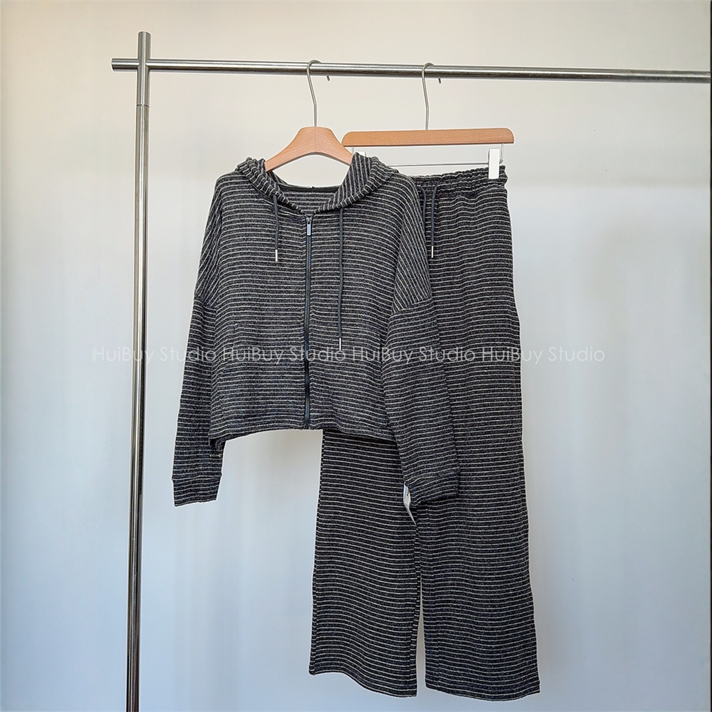 【会buy实拍】兔毛绒套装条纹连帽开衫开衫+直筒阔腿裤两件套秋冬