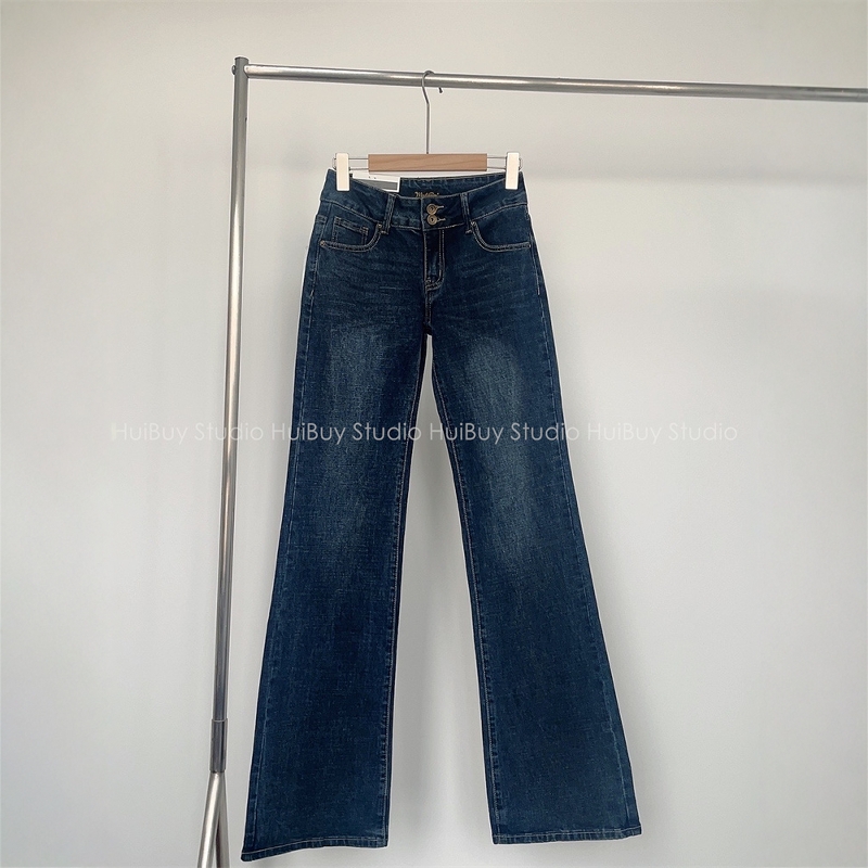 重塑好比例◆辣妹掐腰丰胯翘臀牛仔裤修身双扣低腰微喇叭拖地长裤