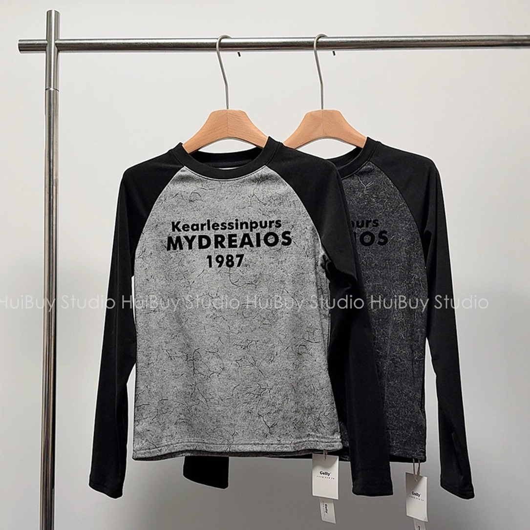 【会buy实拍】DU特洋气磨毛扎染长袖T恤打底衫薄绒内搭上衣女秋冬