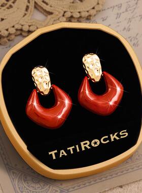 丹麦【设计师】Tatirocks红色几何金属感耳钉高级感轻奢珐琅耳环