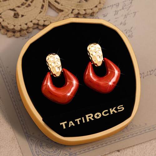 丹麦【设计师】Tatirocks红色几何金属感耳钉高级感轻奢珐琅耳环