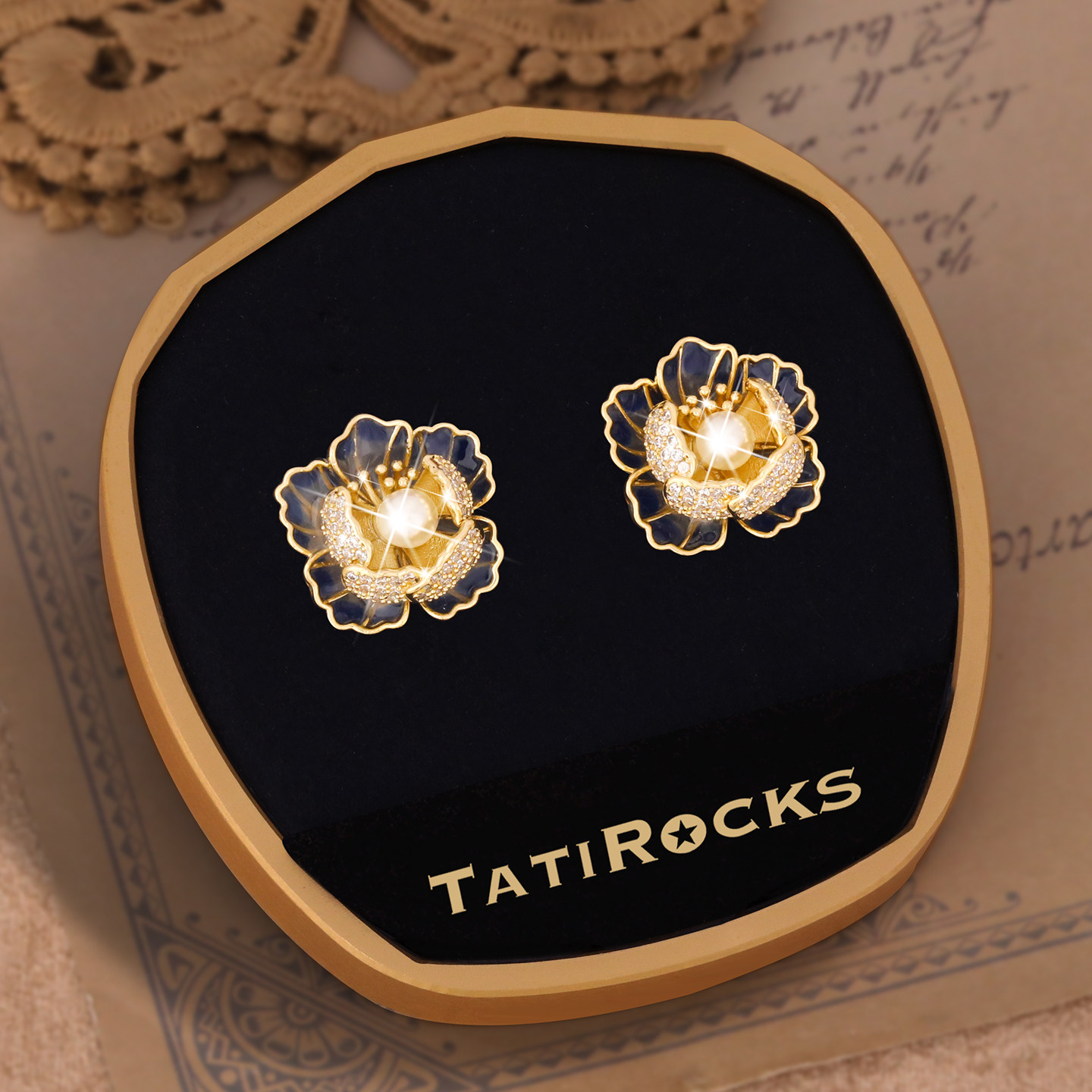 丹麦【设计师】Tatirocks满钻牡丹珍珠耳钉高级感轻奢女摆件耳环
