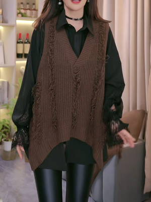 套头v领不规则流苏毛衣马甲