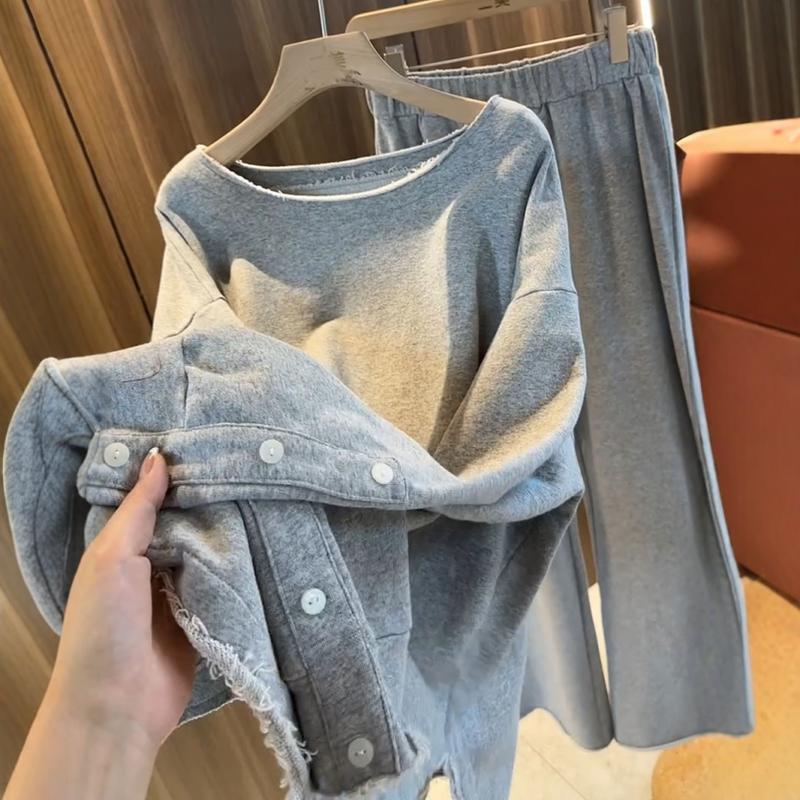 欧货宽松慵懒风毛圈棉卫衣套装