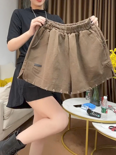 欧货2022秋季 高腰松紧腰休闲裤 宽松口袋破边贴标阔腿牛仔短裤 新款