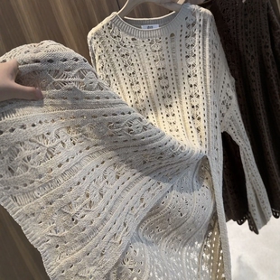 长袖 欧货2025秋季 针织衫 显瘦百搭镂空不规则开衩下摆长款 女潮 新款