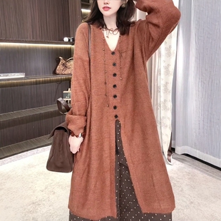 欧货慵懒风V领开衫女长款单排扣针织衫显瘦百搭毛衣外套