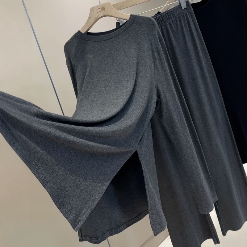 欧货2025秋新款显瘦百搭圆领开叉长袖女宽松微喇裤两件套休闲套装