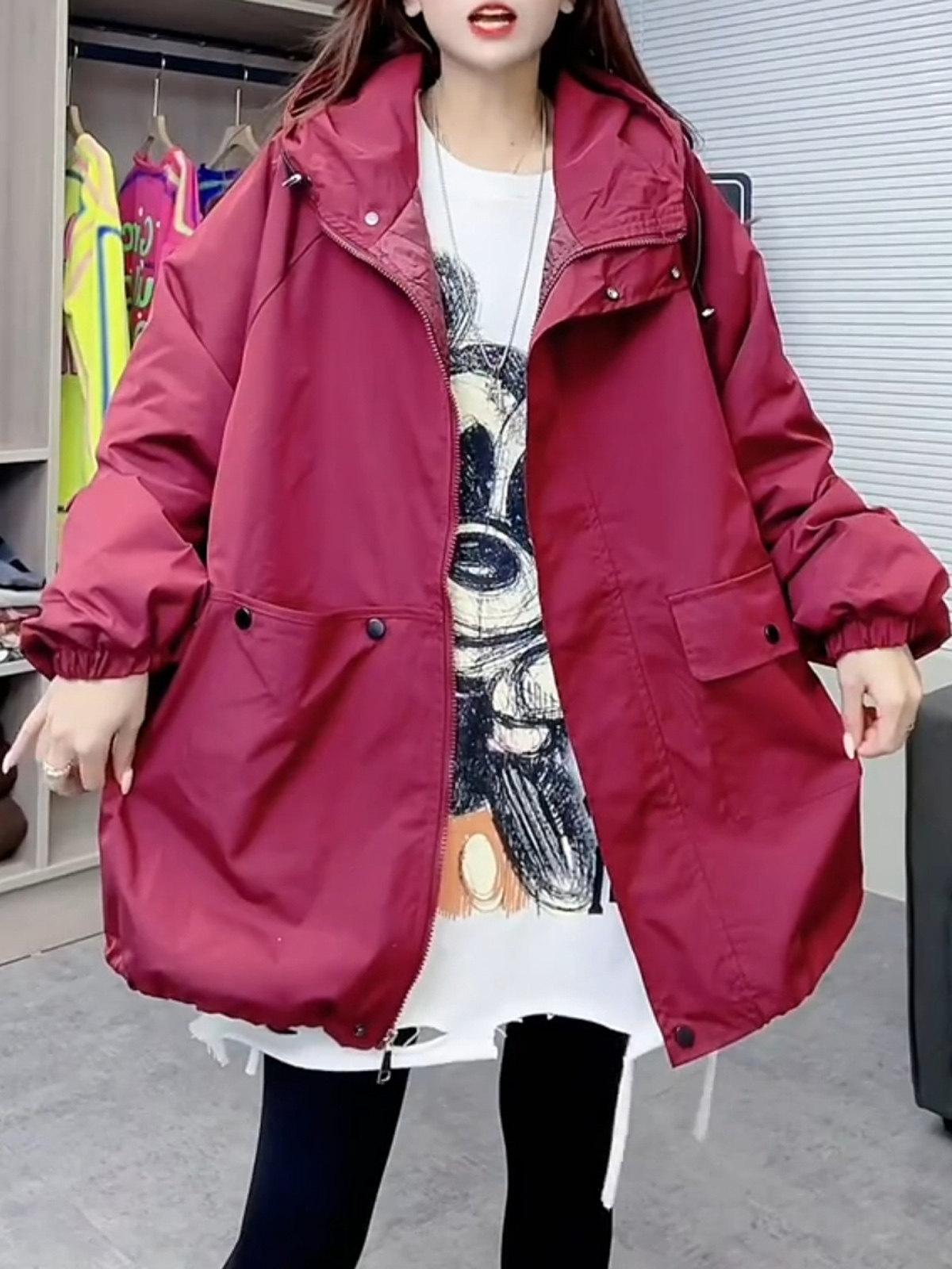 欧货2023秋冬新款宽松休闲口袋连帽冲锋衣外套女薄款棉服潮流风衣