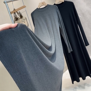 中领连衣裙简约风格 欧货2025秋季 灰色长袖 女装 宽松气质长裙子 新款