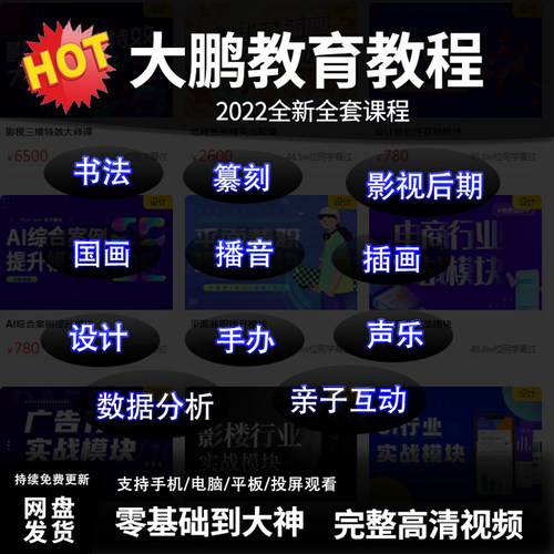 大鹏教育教程2022年全新书法影视后期国画美术插画PS手办全套课程