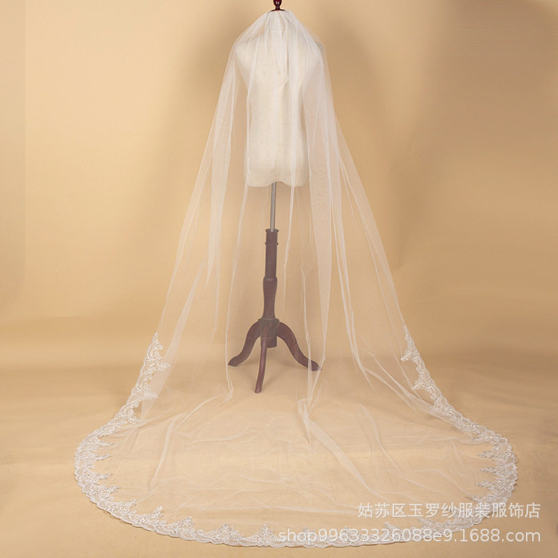 新娘头纱长款婚纱写真造型金线闪亮蕾丝头纱拖尾带发梳外贸款批发