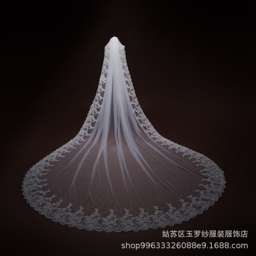 欧美高级感蕾丝软纱超长拖尾头纱