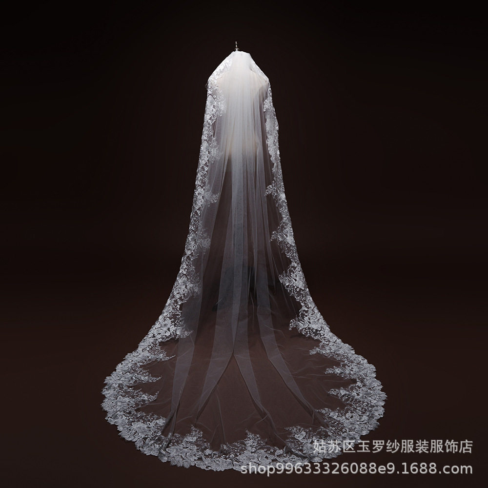 跨境头纱婚纱结婚婚礼头饰轻奢主婚单层蕾丝港风拖尾软纱一件代发