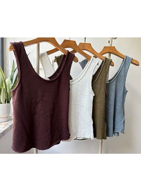 amv American vintage做旧破坏法式慵懒感舒适磨毛无袖背心打底衫