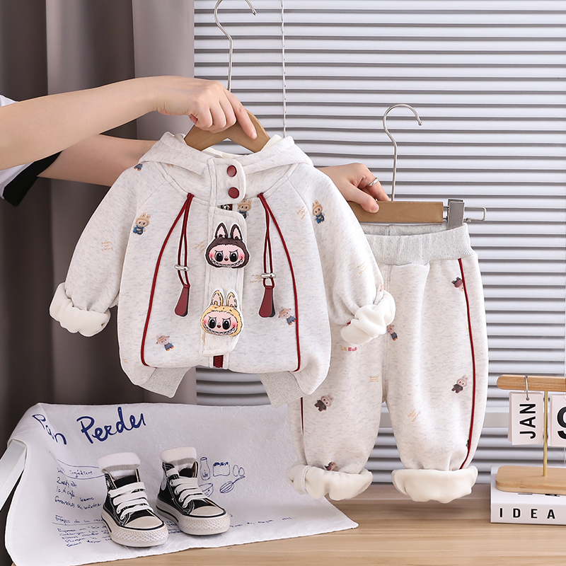 童装冬季1-2-3-4岁宝宝加绒连帽卫衣套装婴儿加厚可爱外穿两件套5