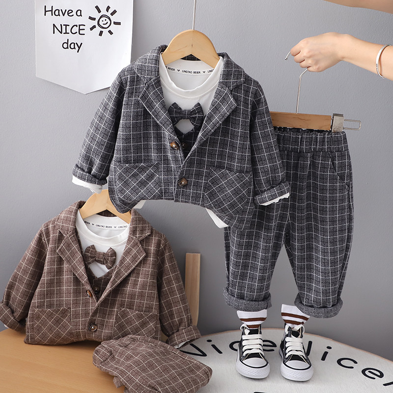 儿童西服春秋款男宝宝格子洋气小西装三件套婴儿周岁花童礼服英伦