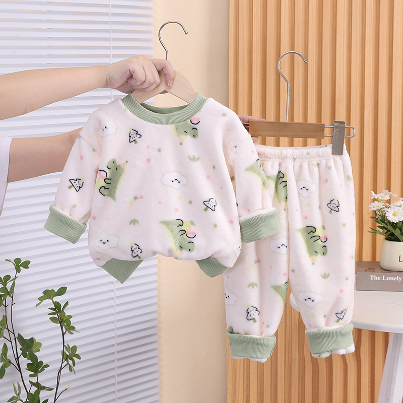 儿童冬季家居服套装1-2-3岁小宝宝加绒睡衣两件套新生儿加厚绒衣5