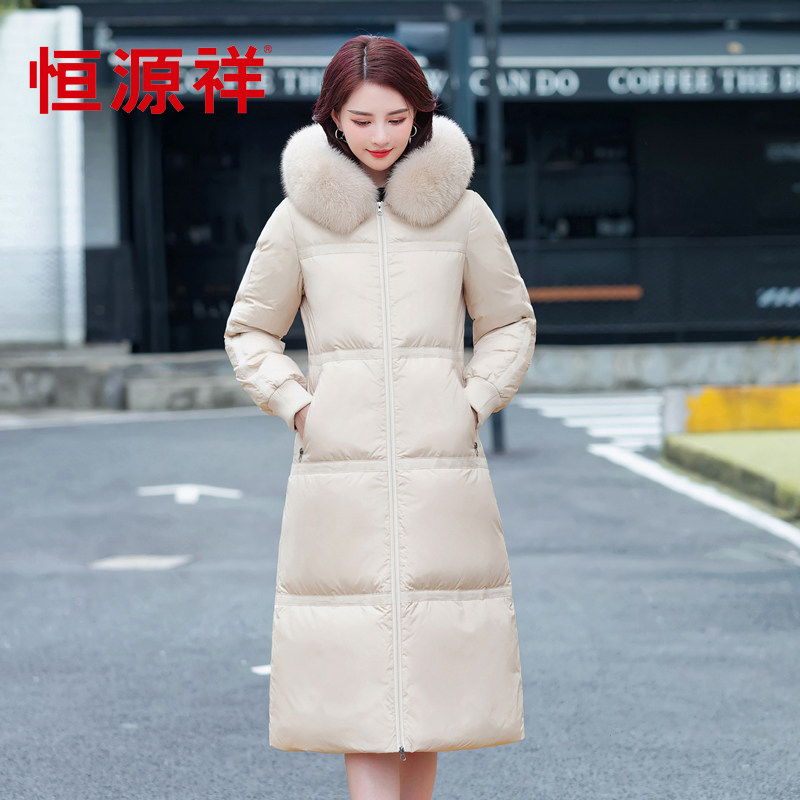 恒源祥中年妈妈装过膝长款羽绒服女中年加厚新款喜婆婆红色品牌