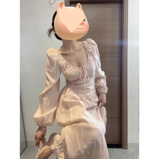 温柔风海边度假修身 粉色雪纺连衣裙春秋季 收腰仙女潮流 胖法式 大码