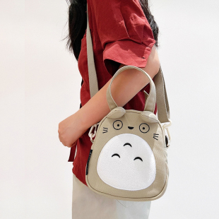 三色补丁龙猫帆布挎包2025秋新款 原创小众设计卡通可爱手机斜挎包