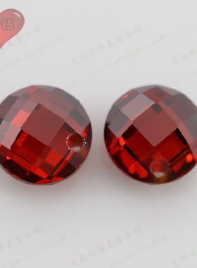 石榴红圆形双龟面锆石单孔裸石 打孔格子面大红色人造CZ宝石裸钻