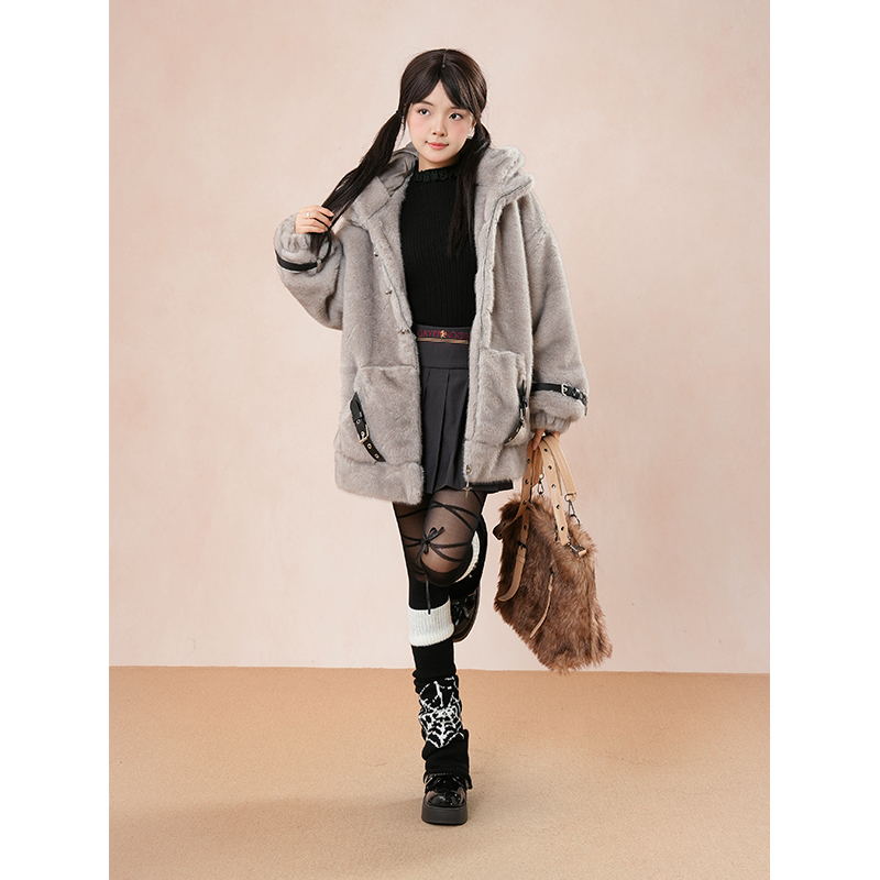 萌宅系可爱老鼠毛绒上衣秋冬新款毛毛亚比暗黑朋克皮扣小众短外套