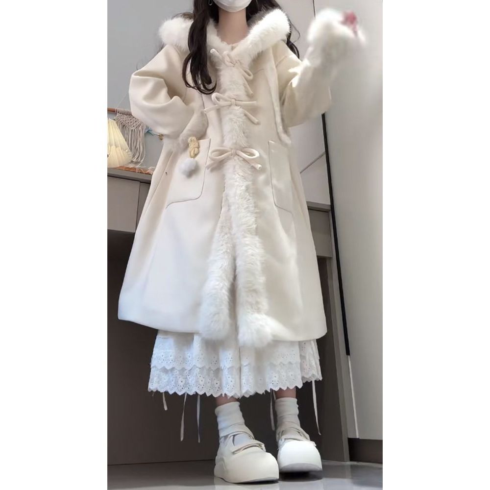 天山暮雪 冬装新款甜美气质连帽毛呢外套