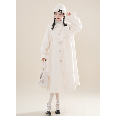 软妹蝴蝶结娃娃领白色毛呢大衣冬甜美少女日系学院风可爱加厚外套