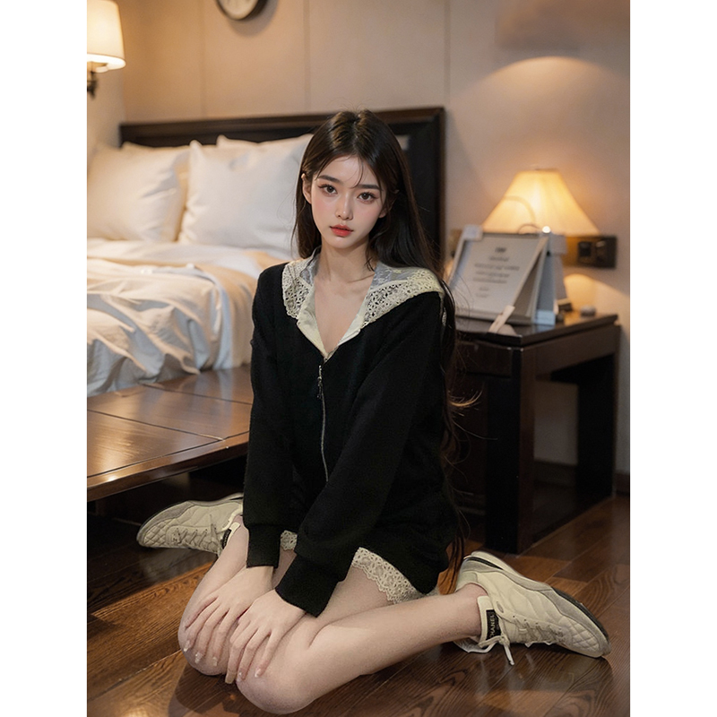 【蕾丝仙女】蕾丝连帽针织外套半裙子套装上衣+半裙别致俩件套