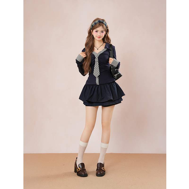 牧野胶片 纯欲辣妹格纹领长袖t恤季性感收腰上衣+半身裙两件套秋