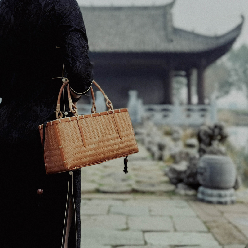 周记竹木横款二枪草黄色手提包女