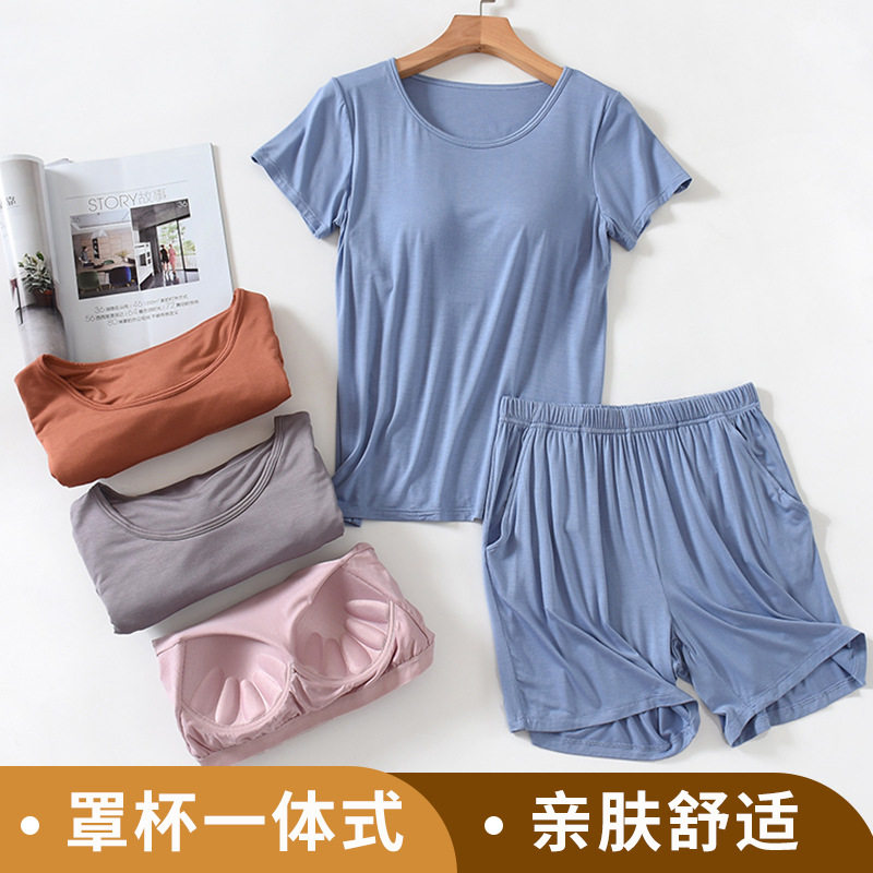 带胸垫睡衣女莫代尔夏季宽松短袖短裤夏带罩杯休闲女士家居服套装