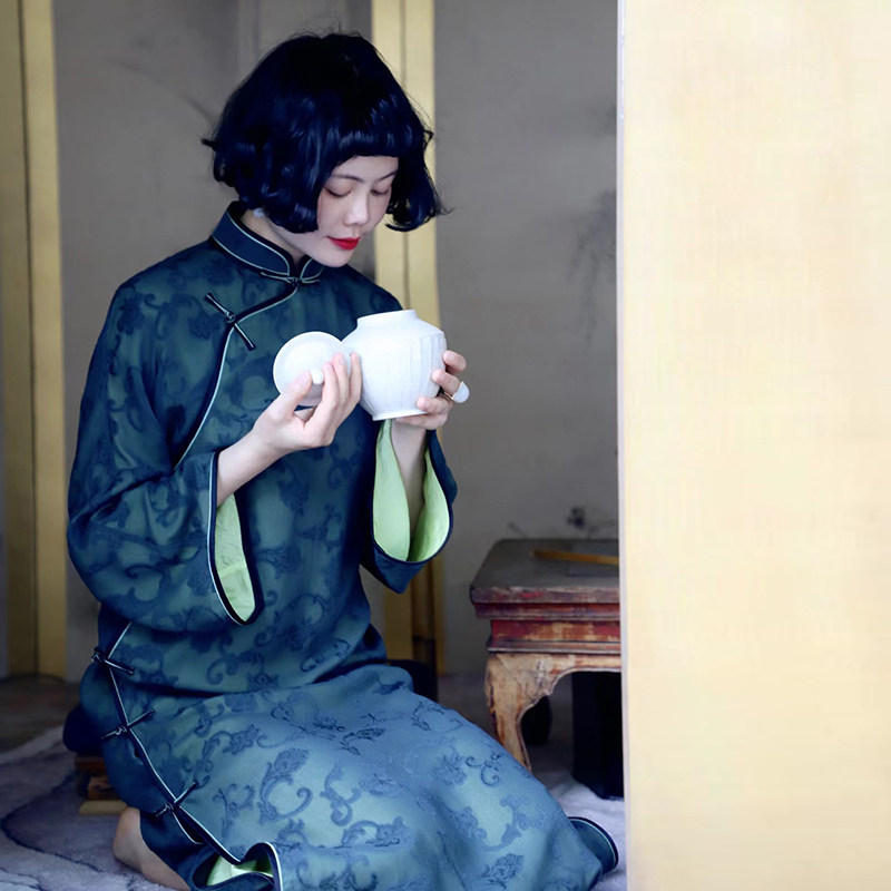 婵语豆豆设计师原创 民国风提花真丝长款七分袖立领微喇袖旗袍