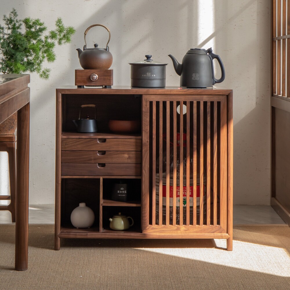 新中式茶水柜实木黑胡桃木茶水台茶边柜侧柜边几茶室烧水壶一体柜