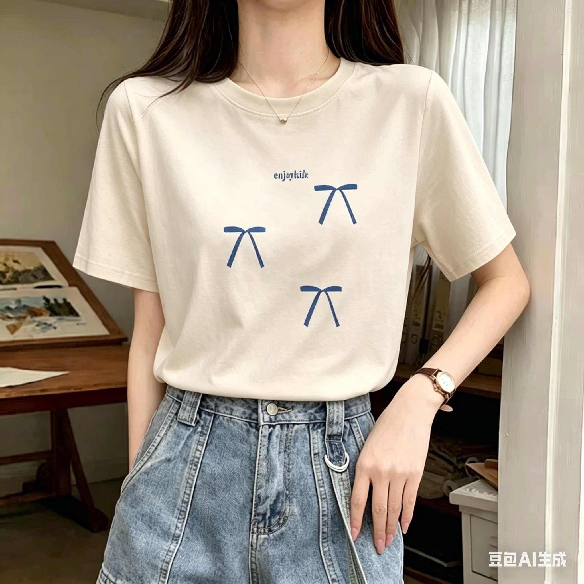 杏色正肩短袖t恤女夏季宽松爆款设计感三个蝴蝶结印花半圆领上衣