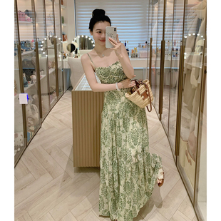 海边度假法式 气质高级感长裙 2026新款 绿色碎花吊带连衣裙子女夏季