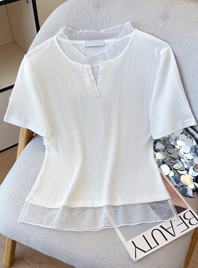 2026新款短袖t恤女夏季网纱拼接纯棉体恤设计感小众上衣ins潮