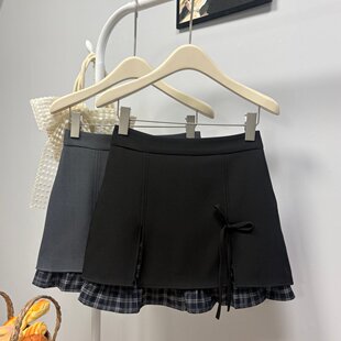 韩系蝴蝶结开叉甜辣半身裙格子荷叶边拼接西装 短裙 新款 春季