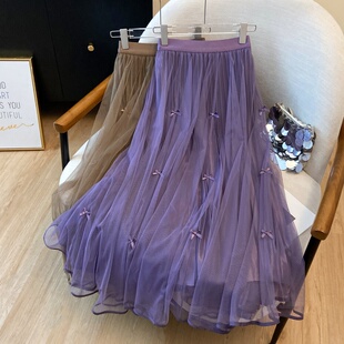 蝴蝶结两面网纱松紧腰半身裙女2026夏季 A字小清新百褶女 新款