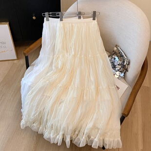 拼接三节百褶网纱半身裙女2026新款 大摆纱裙 高腰显瘦A字长款