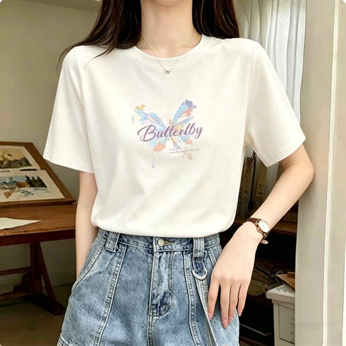 超好看蝴蝶印花正肩短袖t恤女夏季2026爆款韩系宽松洋气纯棉上衣